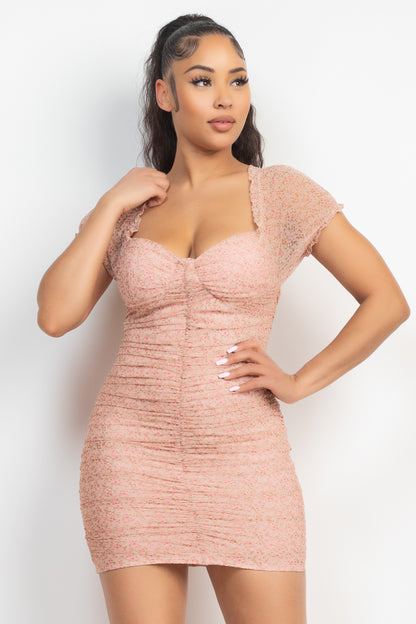 Ditsy Shirring Bodycon Ruffled Dress